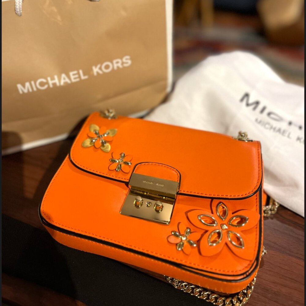 AUTHENTIC Sloan Flower Applique Chain Crossbody Orange BAG